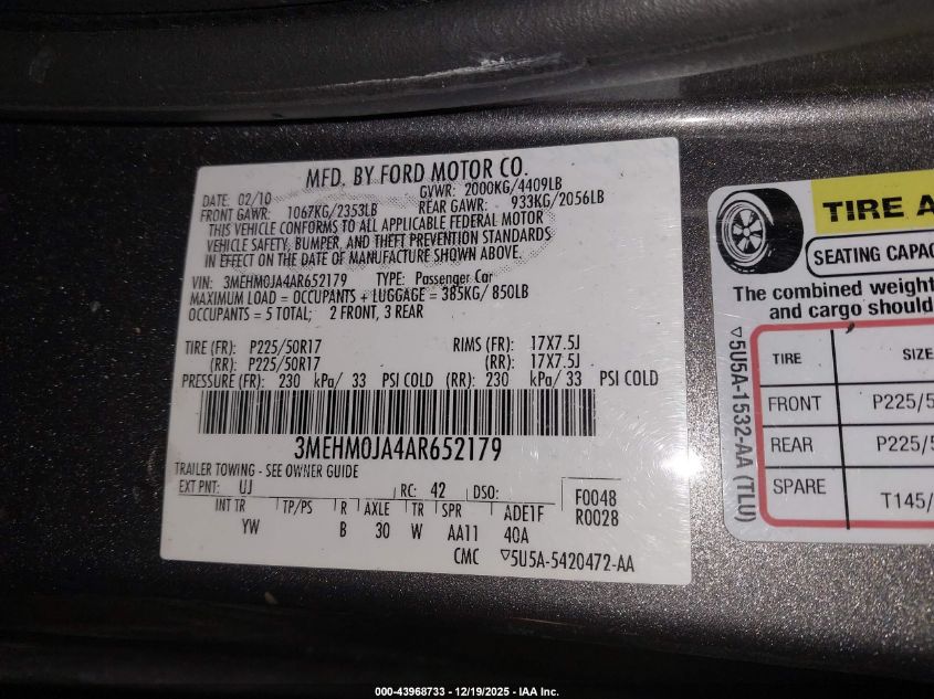 2010 Mercury Milan Premier VIN: 3MEHM0JA4AR652179 Lot: 43968733