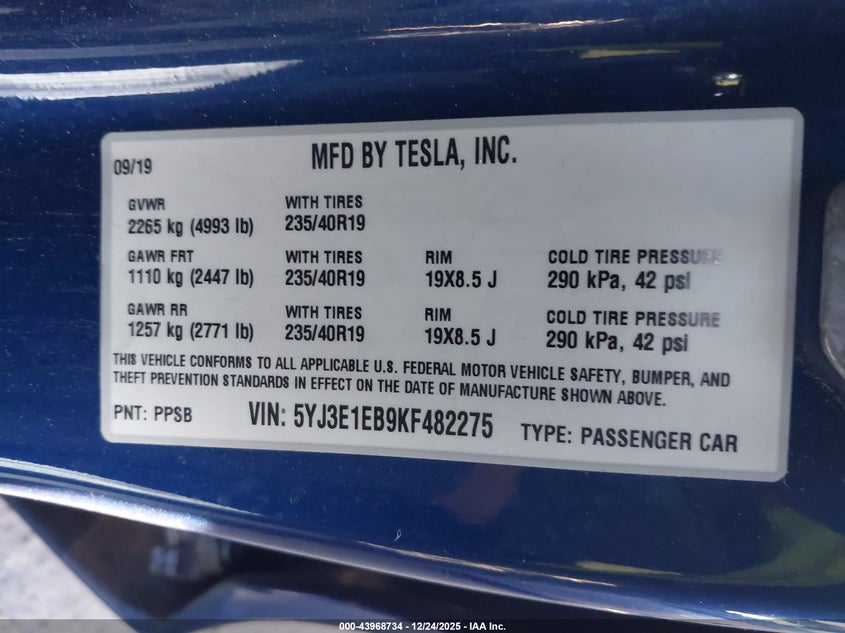 VIN 5YJ3E1EB9KF482275 2019 TESLA MODEL 3 LONG RANGE/PERFORMANCE