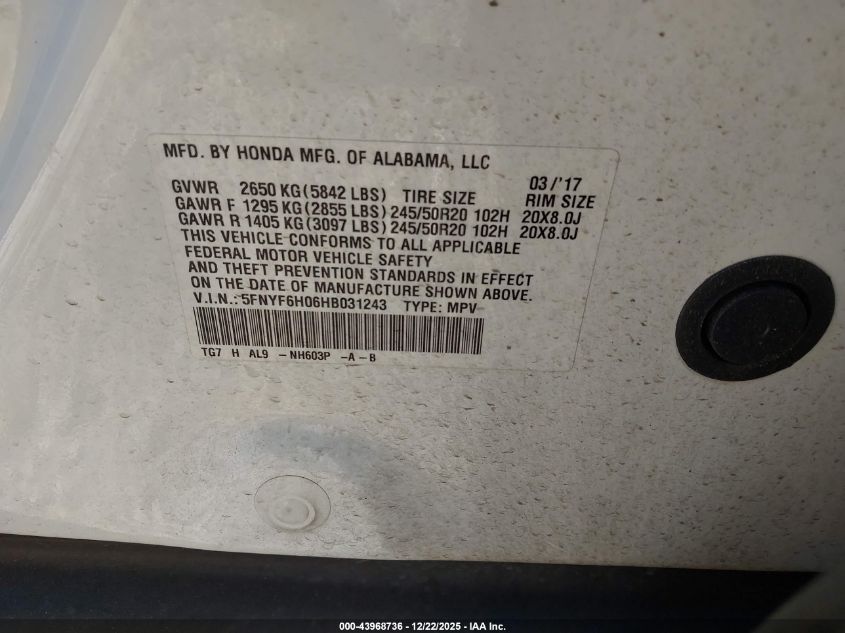 2017 Honda Pilot Elite VIN: 5FNYF6H06HB031243 Lot: 43968736