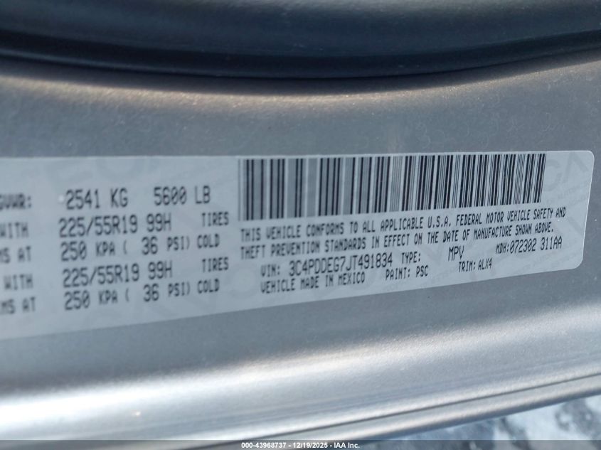 2018 Dodge Journey Gt Awd VIN: 3C4PDDEG7JT491834 Lot: 43968737