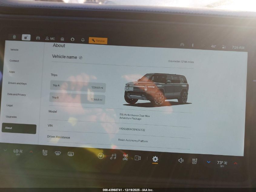 2025 Rivian R1S Adventure Dual Motor Large Pack/Adventure Dual Motor Max Pack VIN: 7PDSGBBA0SN050532 Lot: 43968741