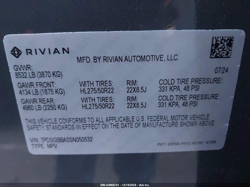 2025 Rivian R1S Adventure Dual Motor Large Pack/Adventure Dual Motor Max Pack VIN: 7PDSGBBA0SN050532 Lot: 43968741