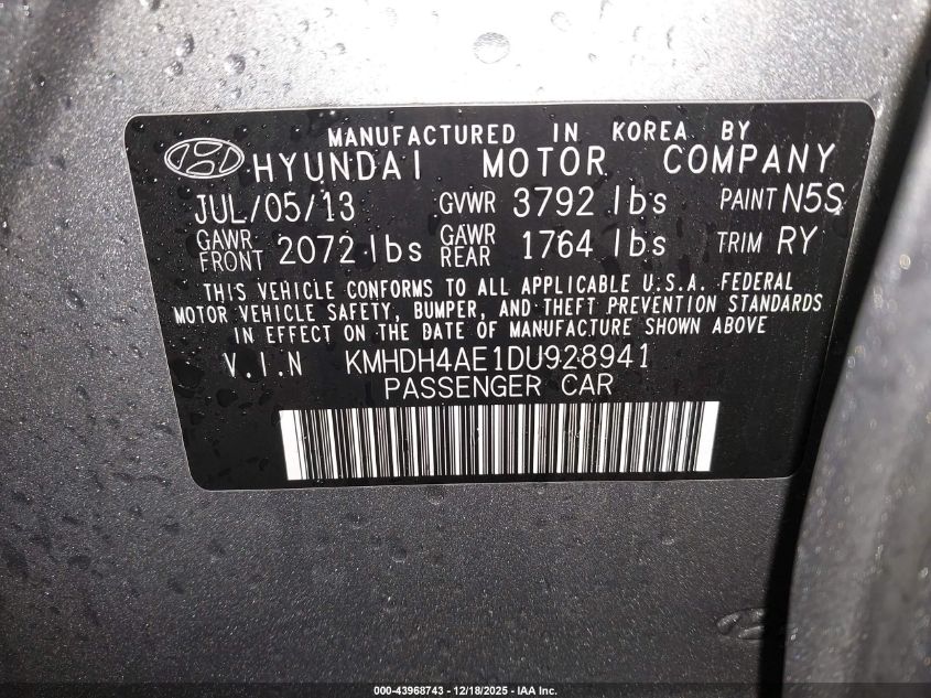 2013 Hyundai Elantra Limited (Ulsan Plant) VIN: KMHDH4AE1DU928941 Lot: 43968743