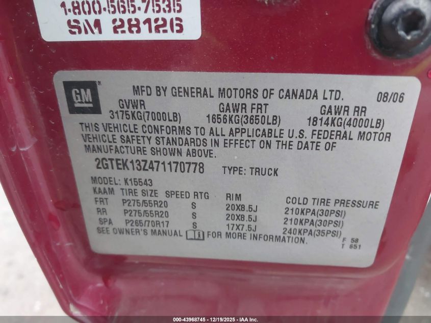2007 GMC Sierra 1500 Classic Sle1 VIN: 2GTEK13Z471170778 Lot: 43968745