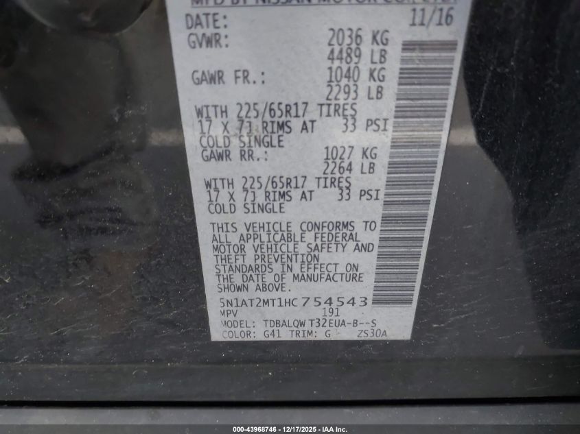 2017 Nissan Rogue Sv VIN: 5N1AT2MT1HC754543 Lot: 43968746