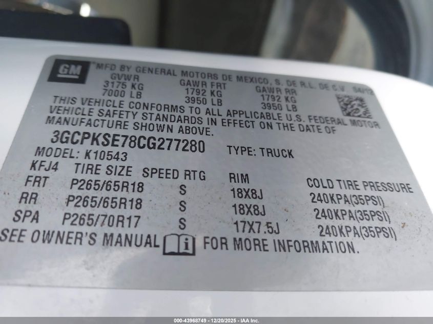 2012 Chevrolet Silverado 1500 Lt VIN: 3GCPKSE78CG277280 Lot: 43968749