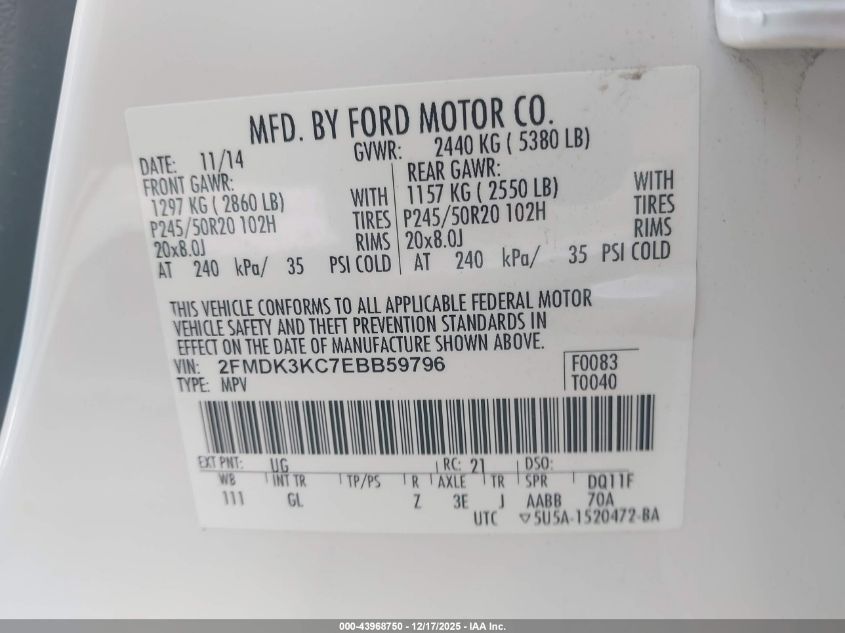 2014 Ford Edge Limited VIN: 2FMDK3KC7EBB59796 Lot: 43968750