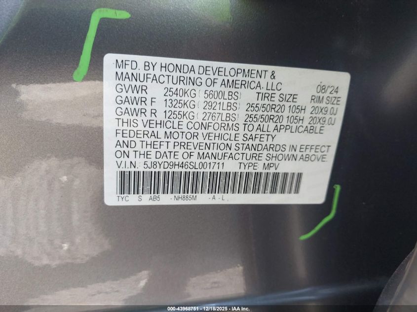 2025 Acura Mdx Technology Package VIN: 5J8YD9H46SL001711 Lot: 43968751