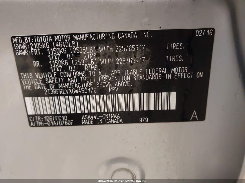 2016 Toyota Rav4 Xle VIN: 2T3RFREVXGW450176 Lot: 43968752