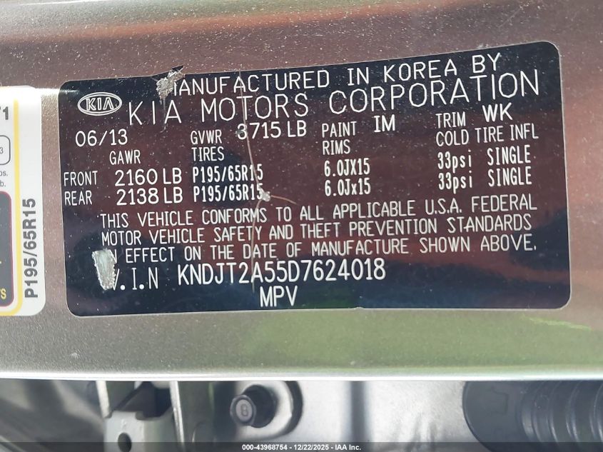 2013 Kia Soul VIN: KNDJT2A55D7624018 Lot: 43968754