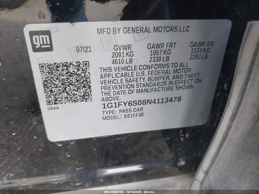 2022 Chevrolet Bolt Euv Fwd Lt VIN: 1G1FY6S08N4113478 Lot: 43968755