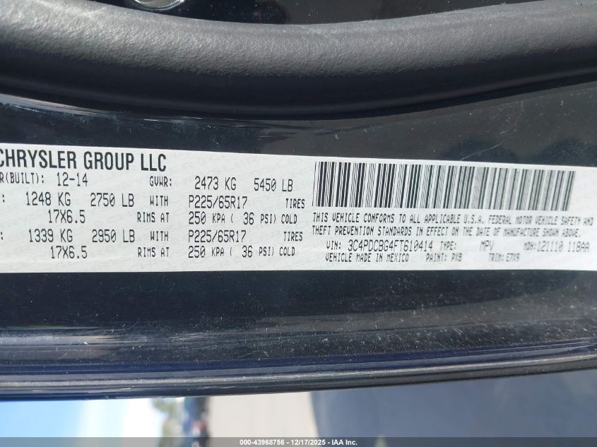 2015 Dodge Journey Sxt VIN: 3C4PDCBG4FT610414 Lot: 43968756