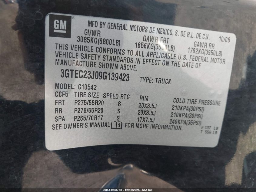 2009 GMC Sierra 1500 Sle VIN: 3GTEC23J09G139423 Lot: 43968758