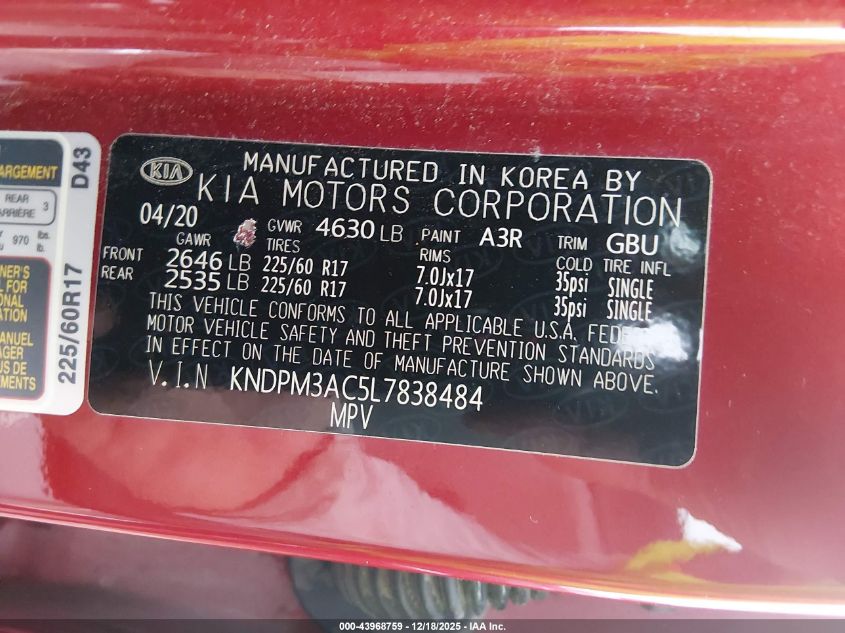 2020 Kia Sportage Lx VIN: KNDPM3AC5L7838484 Lot: 43968759