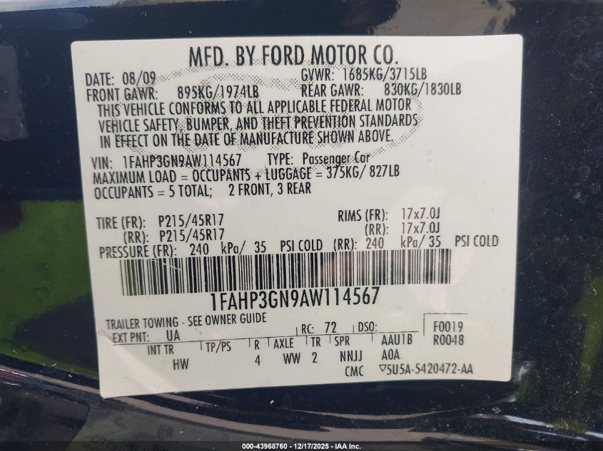 2010 Ford Focus Ses VIN: 1FAHP3GN9AW114567 Lot: 43968760