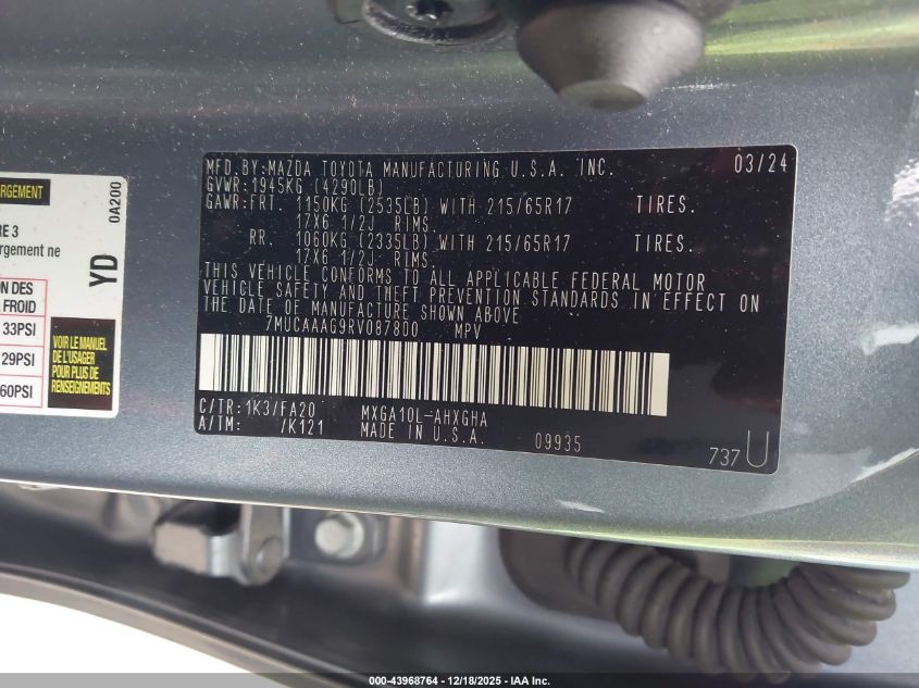 2024 Toyota Corolla Cross Le VIN: 7MUCAAAG9RV087800 Lot: 43968764