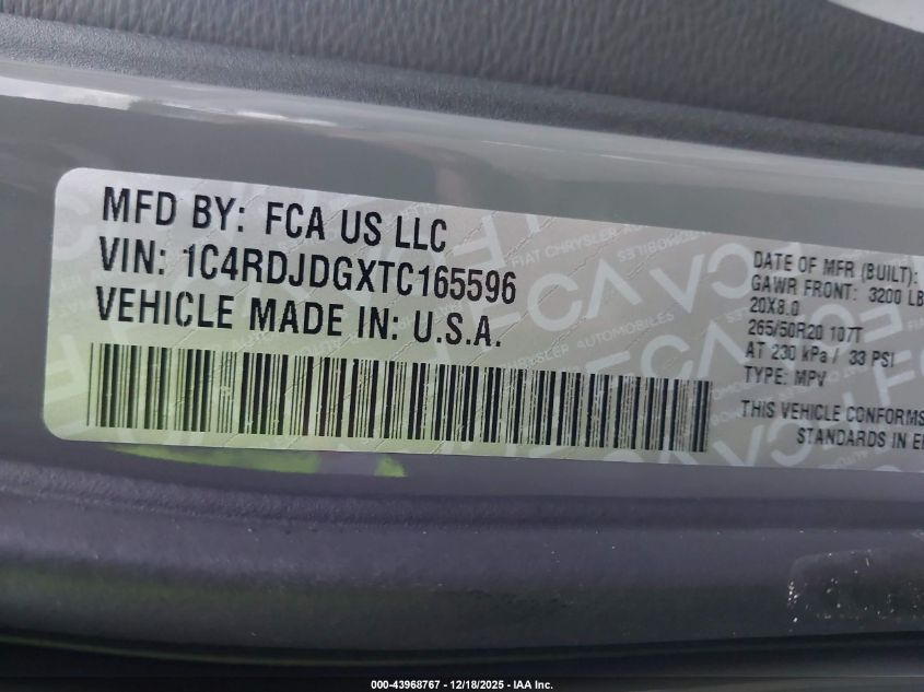 2026 Dodge Durango Gt Awd VIN: 1C4RDJDGXTC165596 Lot: 43968767