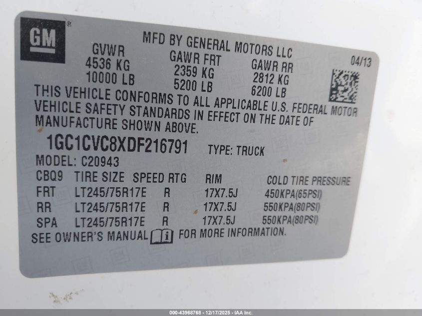 2013 Chevrolet Silverado 2500Hd Work Truck VIN: 1GC1CVC8XDF216791 Lot: 43968768