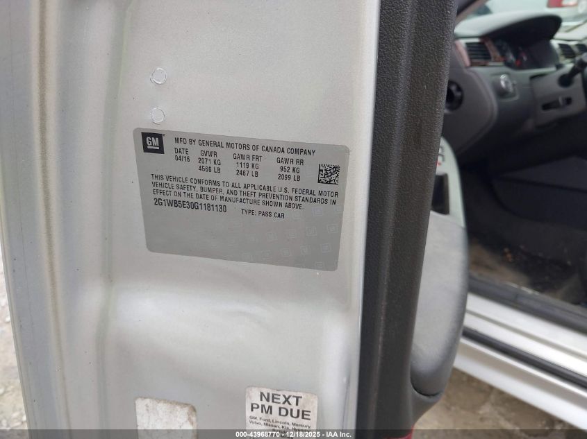 2016 Chevrolet Impala Limited Lt VIN: 2G1WB5E30G1181130 Lot: 43968770