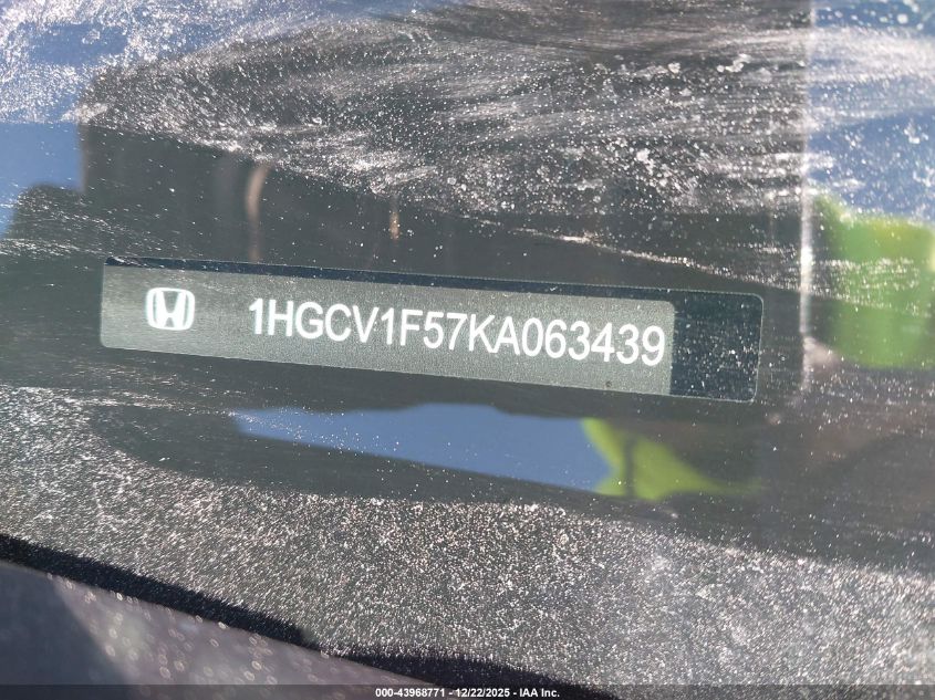 2019 Honda Accord Ex-L VIN: 1HGCV1F57KA063439 Lot: 43968771