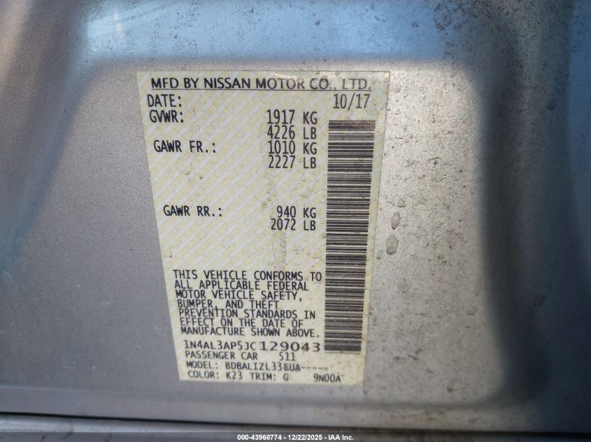 2018 Nissan Altima 2.5 Sv VIN: 1N4AL3AP5JC129043 Lot: 43968774