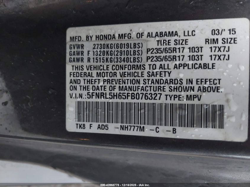 2015 Honda Odyssey Ex-L VIN: 5FNRL5H65FB076327 Lot: 43968778