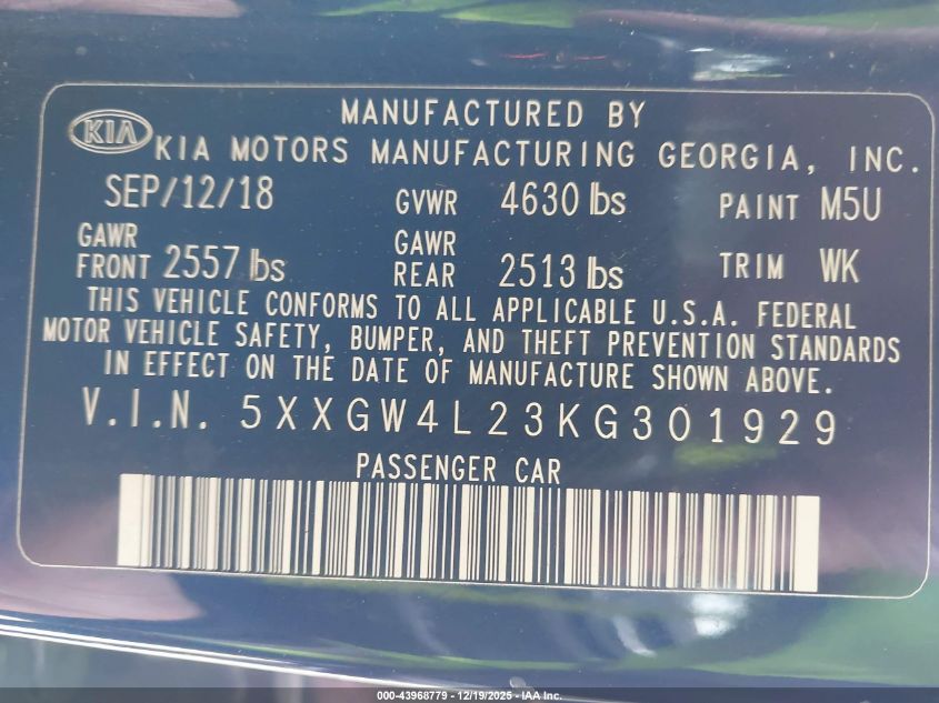 2019 Kia Optima Sx Turbo VIN: 5XXGW4L23KG301929 Lot: 43968779