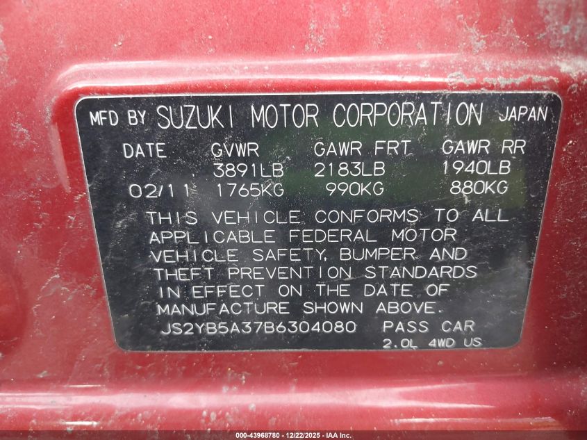 2011 Suzuki Sx4 Premium/Tech Valu Pkg (Nav) VIN: JS2YB5A37B6304080 Lot: 43968780