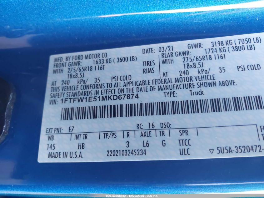 2021 Ford F-150 Lariat VIN: 1FTFW1E51MKD67874 Lot: 43968782