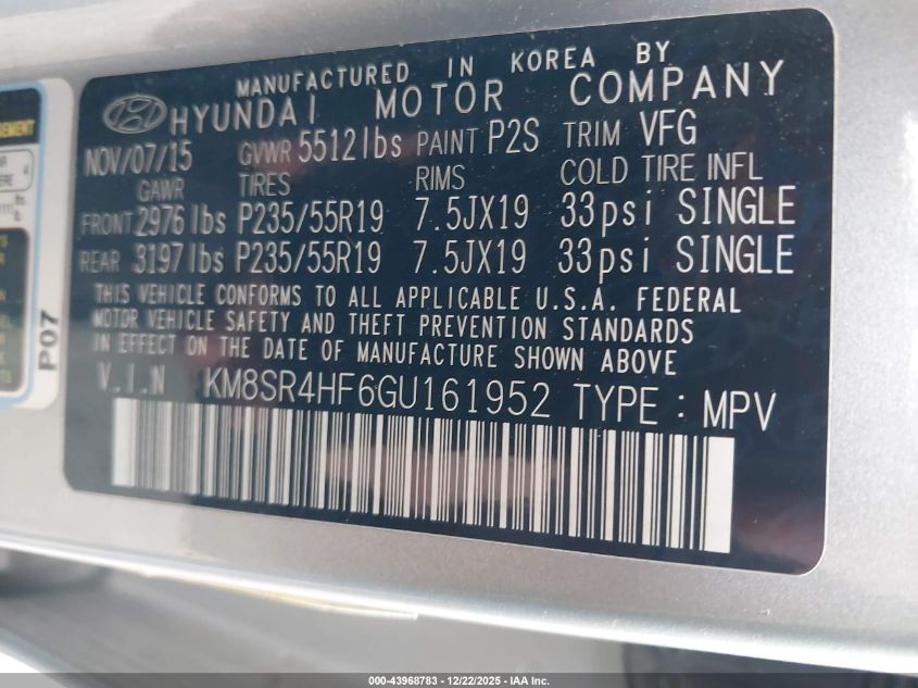 2016 Hyundai Santa Fe Limited VIN: KM8SR4HF6GU161952 Lot: 43968783
