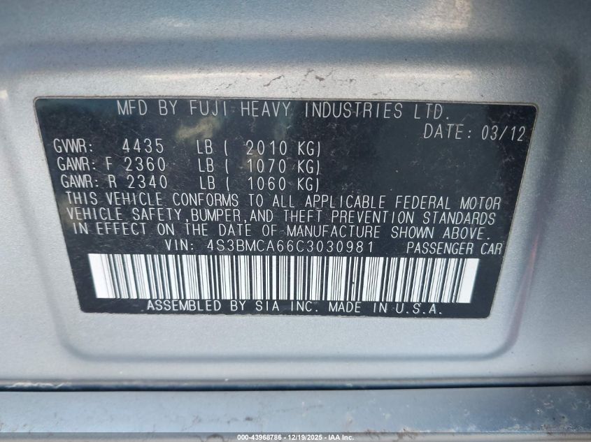 2012 Subaru Legacy 2.5I VIN: 4S3BMCA66C3030981 Lot: 43968786