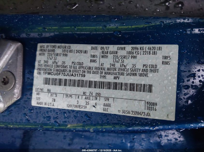 2018 Ford Escape S VIN: 1FMCU0F70JUA31759 Lot: 43968787