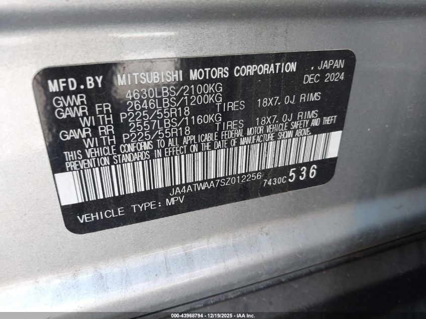 2025 Mitsubishi Eclipse Cross Black Edition S-Awc/Se S-Awc/Sel S-Awc VIN: JA4ATWAA7SZ012256 Lot: 43968794