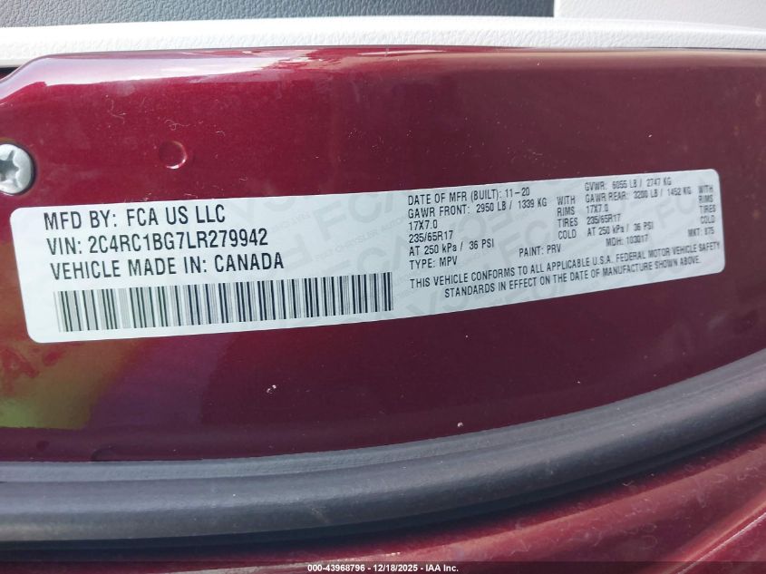 2020 Chrysler Pacifica Touring L VIN: 2C4RC1BG7LR279942 Lot: 43968796