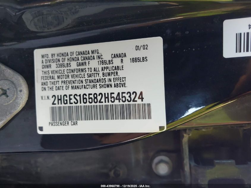 2002 Honda Civic Lx VIN: 2HGES16582H545324 Lot: 43968798