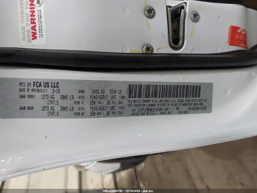 2019 Jeep Cherokee Trailhawk Elite 4X4 VIN: 1C4PJMBN8KD147240 Lot: 43968799