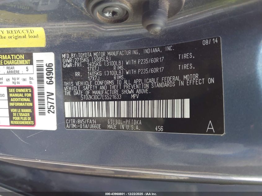 2014 Toyota Sienna L V6 7 Passenger VIN: 5TDZK3DC7ES521633 Lot: 43968801