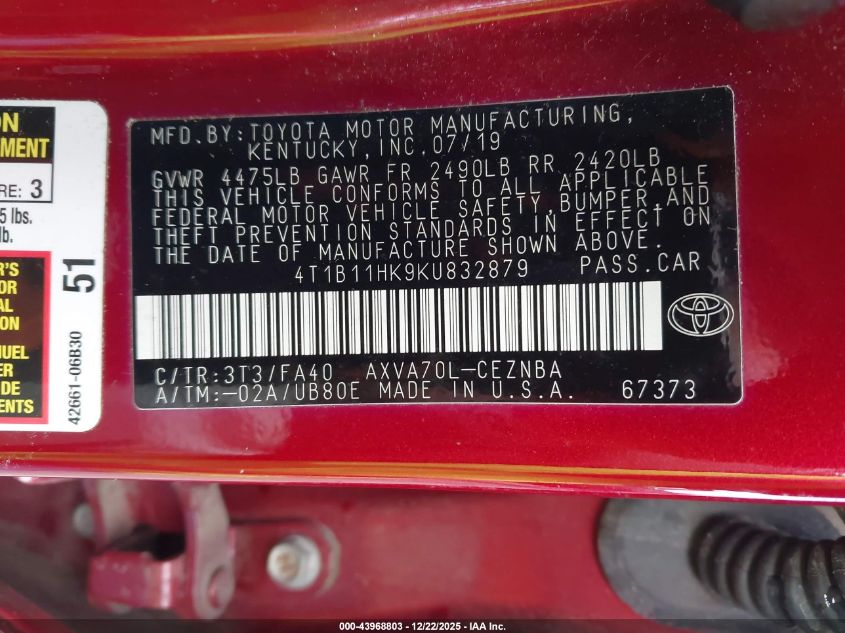 2019 Toyota Camry Le VIN: 4T1B11HK9KU832879 Lot: 43968803