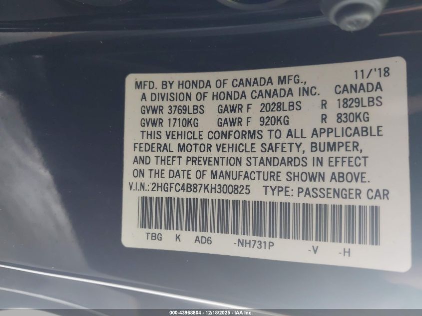 2019 Honda Civic Sport VIN: 2HGFC4B87KH300825 Lot: 43968804