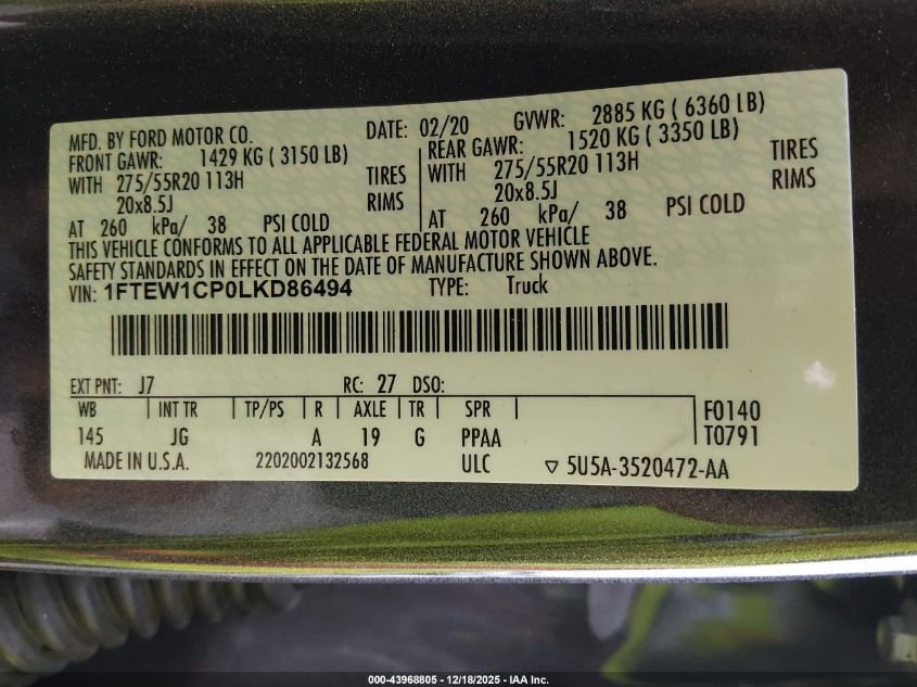 2020 Ford F-150 Xl VIN: 1FTEW1CP0LKD86494 Lot: 43968805