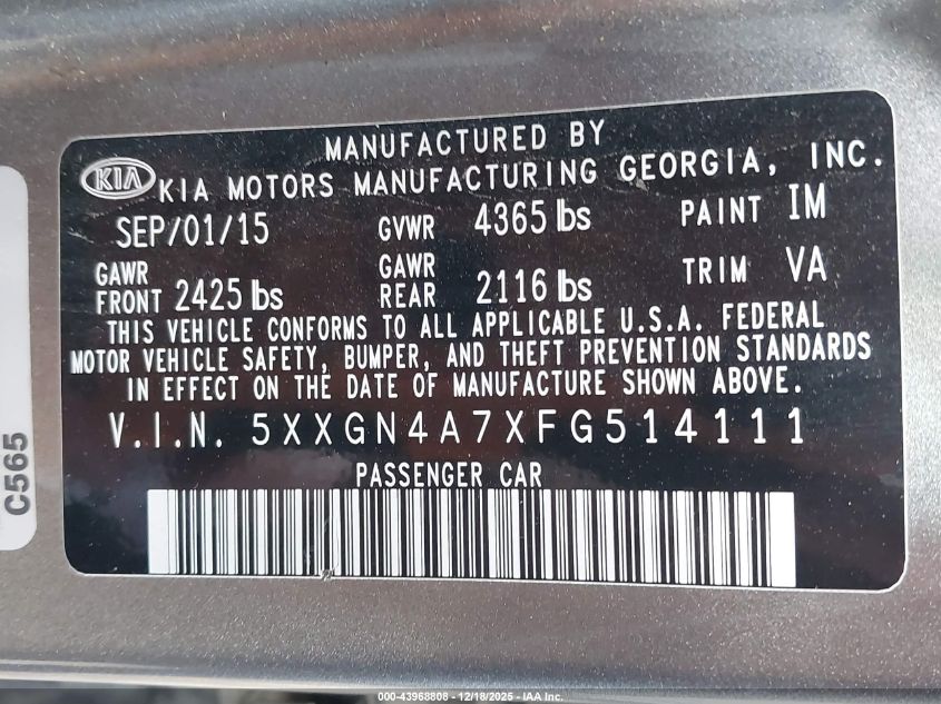 2015 Kia Optima Ex VIN: 5XXGN4A7XFG514111 Lot: 43968808