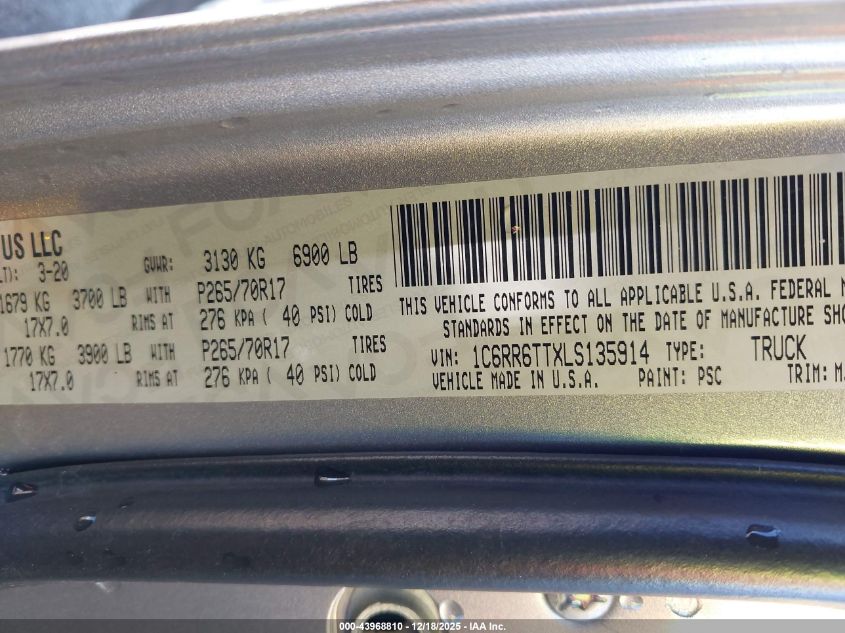 2020 Ram 1500 Classic Slt 4X2 6'4 Box VIN: 1C6RR6TTXLS135914 Lot: 43968810