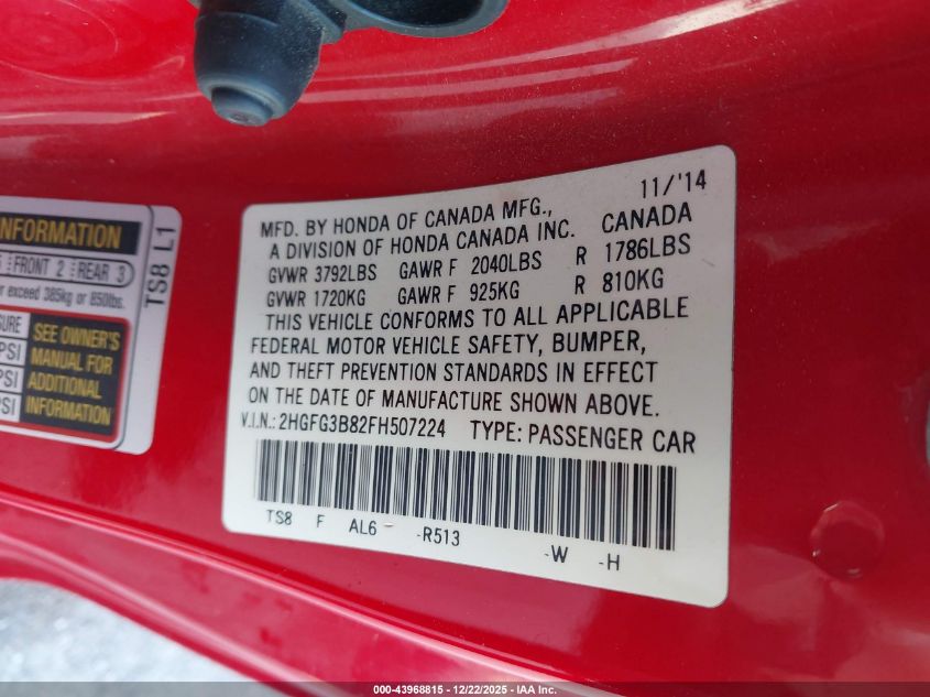 2015 Honda Civic Ex VIN: 2HGFG3B82FH507224 Lot: 43968815