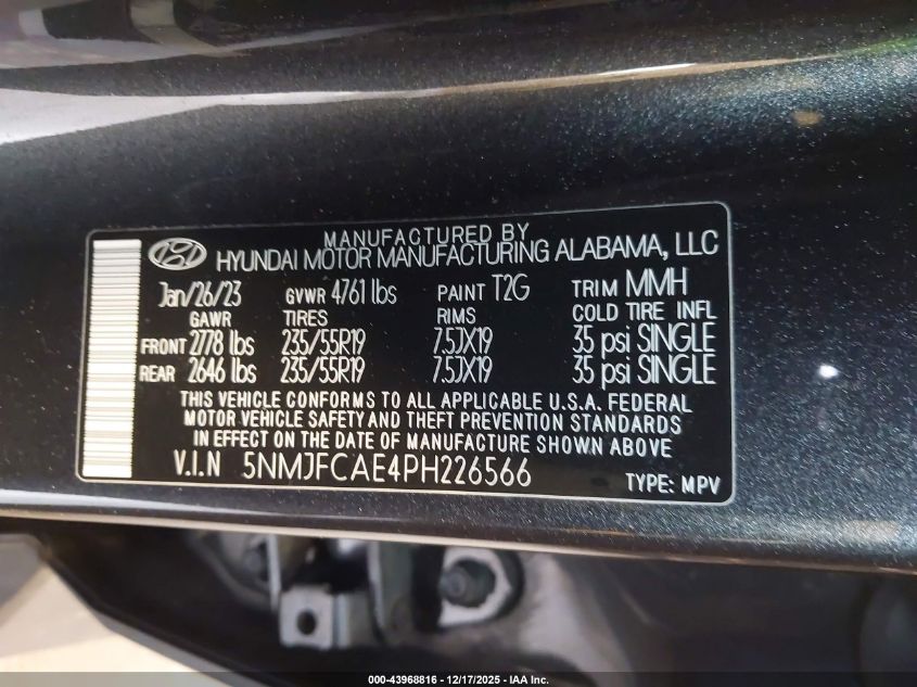 2023 Hyundai Tucson Sel VIN: 5NMJFCAE4PH226566 Lot: 43968816