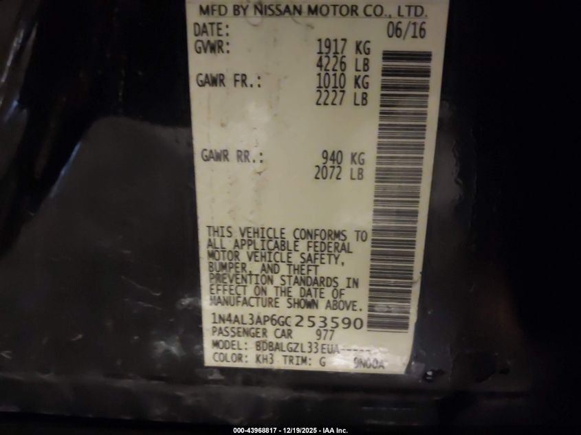 2016 Nissan Altima 2.5/2.5 S/2.5 Sl/2.5 Sr/2.5 Sv VIN: 1N4AL3AP6GC253590 Lot: 43968817