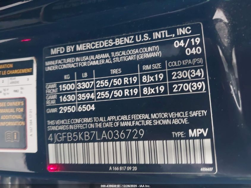 2020 Mercedes-Benz GLE-Class - 4JGFB5KB7LA036729