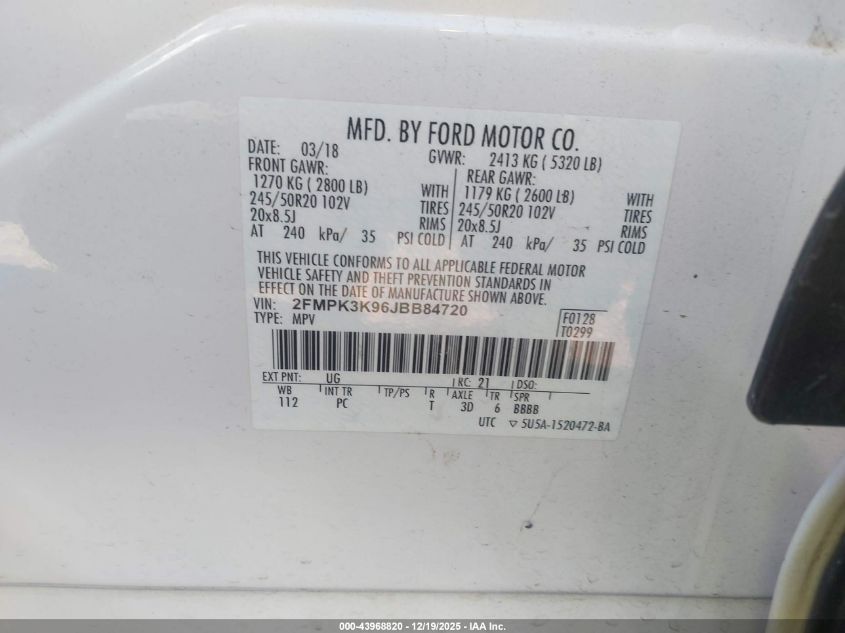 2018 Ford Edge Titanium VIN: 2FMPK3K96JBB84720 Lot: 43968820