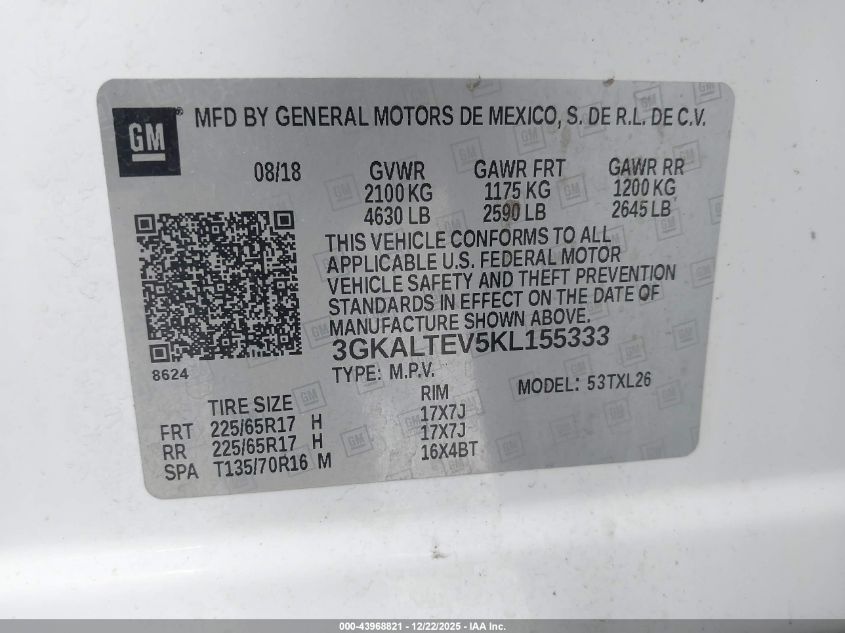 2019 GMC Terrain Sle VIN: 3GKALTEV5KL155333 Lot: 43968821