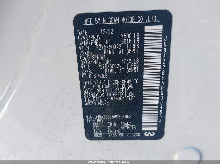 2023 Infiniti Qx80 Sensory Awd VIN: JN8AZ2BE5P9304658 Lot: 43968824