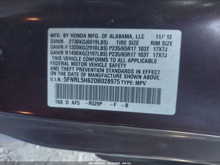 2013 Honda Odyssey Ex-L VIN: 5FNRL5H62DB028975 Lot: 43968825